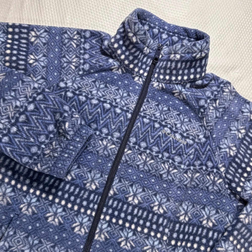 Columbia Womens Blue Fair Isle Geometric Full Zip Fleece Jacket Mock Neck Size M